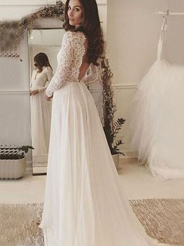 Long Sweep/Brush Lace Chiffon Sleeves A-Line/Princess Scoop Train Wedding Dresses