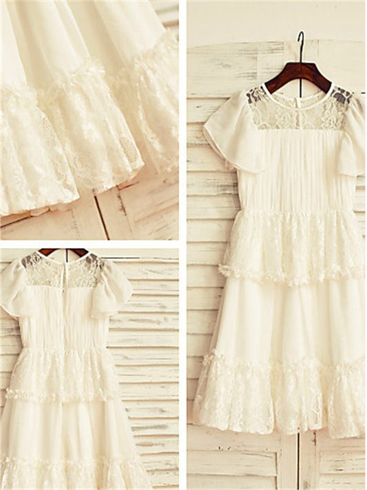 Short Tea-Length Chiffon A-line/Princess Sleeves Scoop Lace Flower Girl Dresses