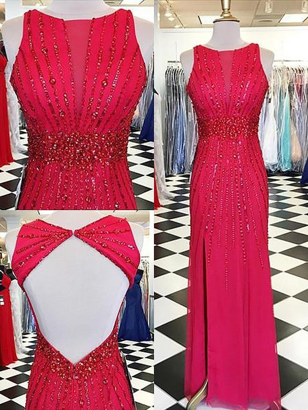 Sleeveless Sheath/Column Beading Bateau Floor-Length Chiffon Dresses