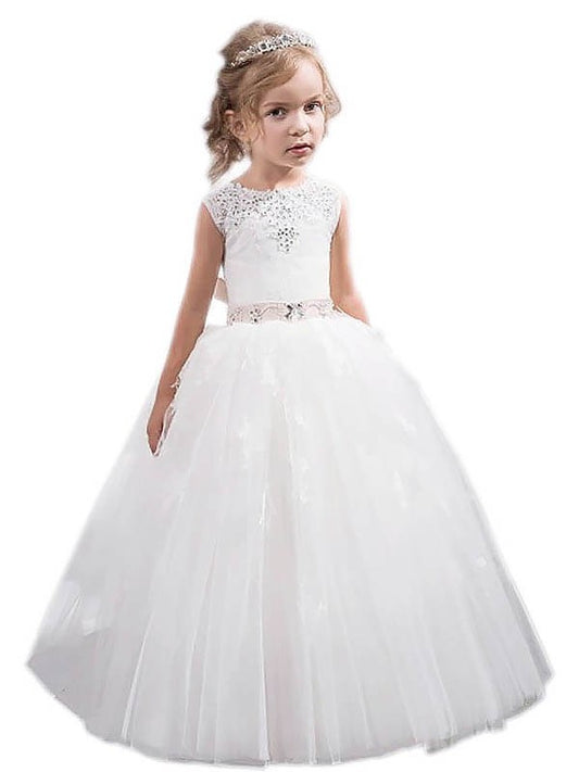 Sleeveless Gown Crystal Jewel Tulle Floor-Length Ball Flower Girl Dresses