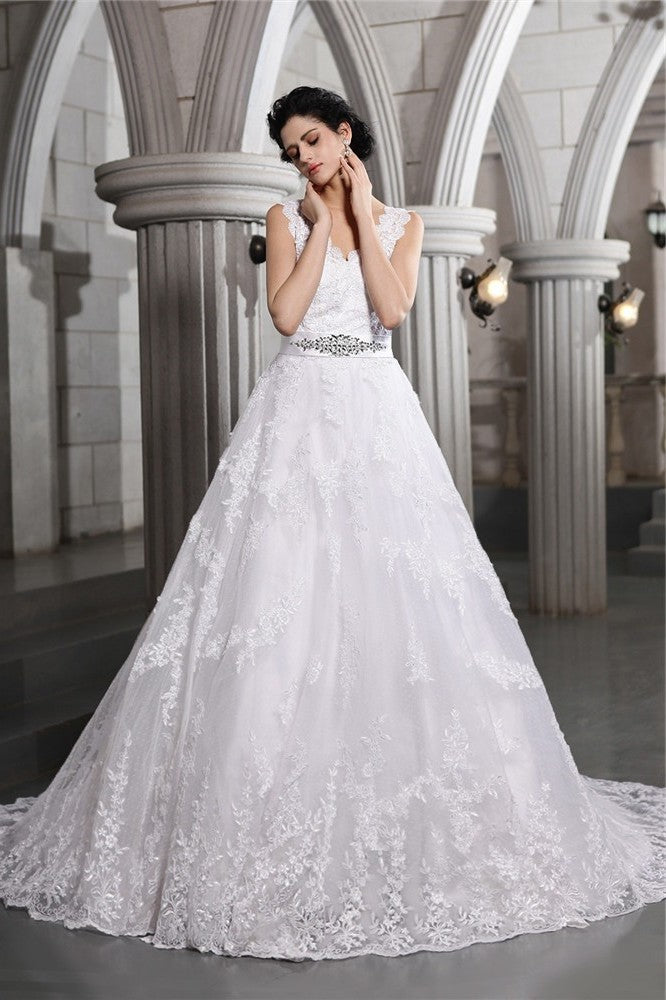 Beading Long V-neck Sleeveless Applique A-Line/Princess Organza Wedding Dresses