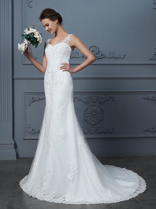 Lace Court Trumpet/Mermaid Sleeveless V-neck Train Tulle Wedding Dresses