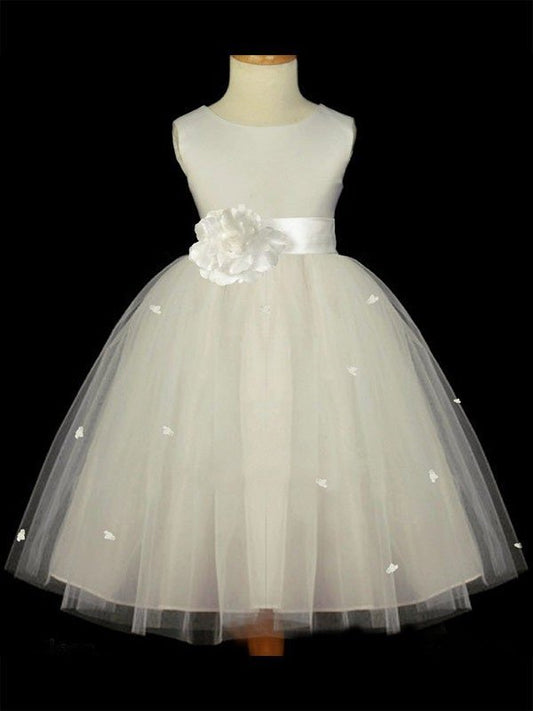 Tulle Sleeveless A-line/Princess Flower Long Hand-made Scoop Flower Girl Dresses