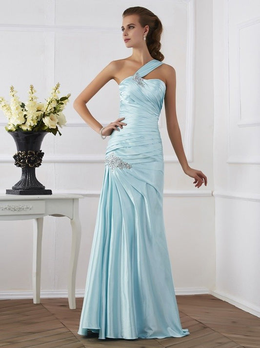 One-Shoulder Ruched Sleeveless Trumpet/Mermaid Long Elastic Woven Satin Dresses