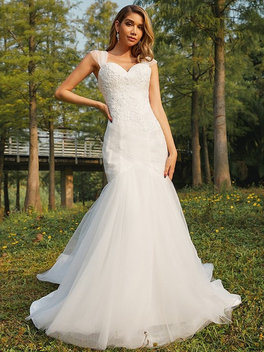 Applique Sleeveless Tulle Sweetheart Sweep/Brush Trumpet/Mermaid Train Wedding Dresses