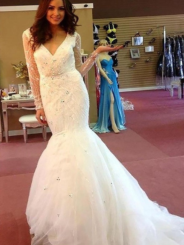 Beading Long Train Court Sleeves Tulle Trumpet/Mermaid V-neck Wedding Dresses