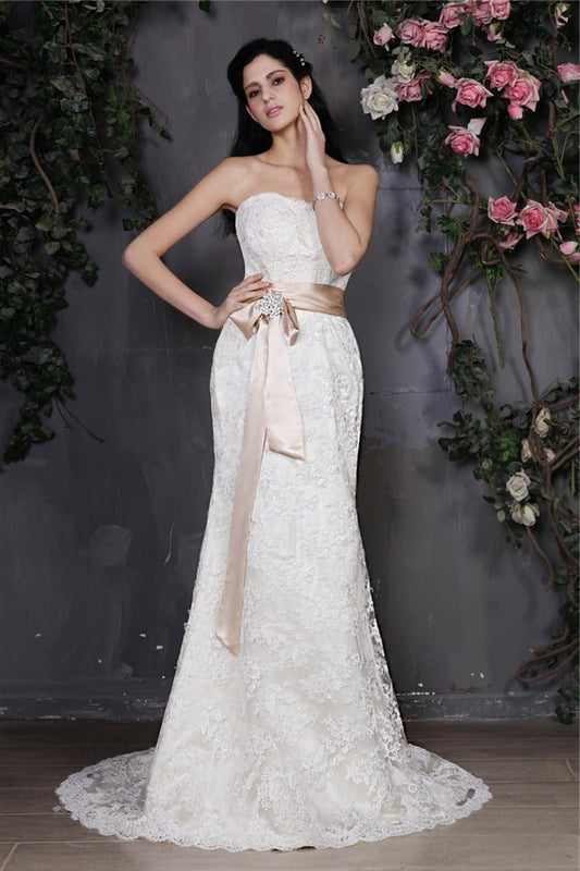 Sheath/Column Sleeveless Long Strapless Sash Lace Wedding Dresses