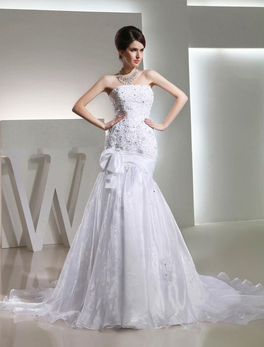 Strapless Beading Sleeveless Long Trumpet/Mermaid Organza Wedding Dresses