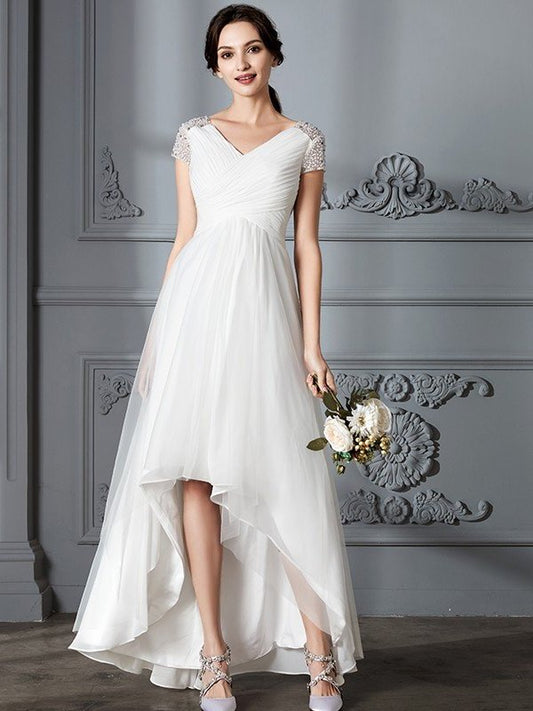 Asymmetrical Short V-neck A-Line/Princess Sleeves Tulle Wedding Dresses