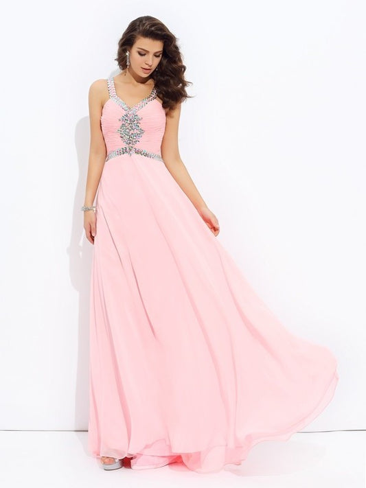 A-line/Princess Straps Sleeveless Beading Long Chiffon Dresses