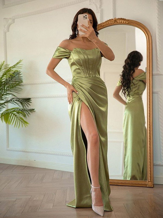 Off-the-Shoulder Sheath/Column Woven Elastic Ruched Satin Sleeveless Floor-Length Dresses