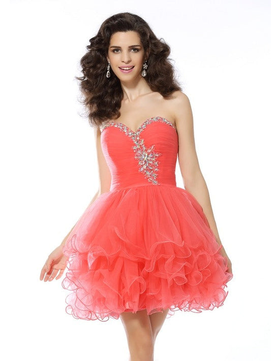 A-Line/Princess Homecoming Dresses Sweetheart Ruffles Sleeveless Short Charlie Satin Cocktail Dresses