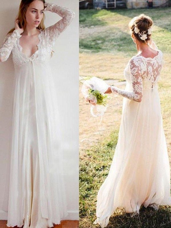 Long Lace Empire V-neck Chiffon Sleeves Floor-Length Wedding Dresses