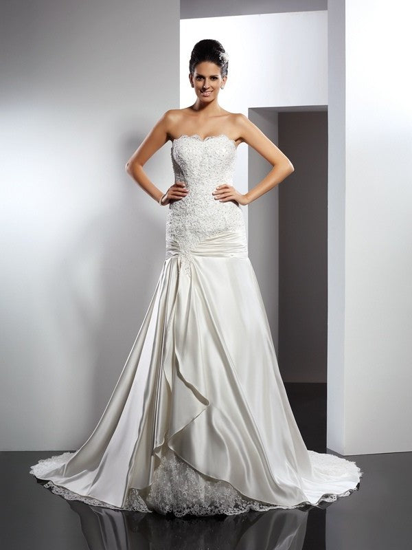 Long Sweetheart Applique Trumpet/Mermaid Sleeveless Satin Wedding Dresses