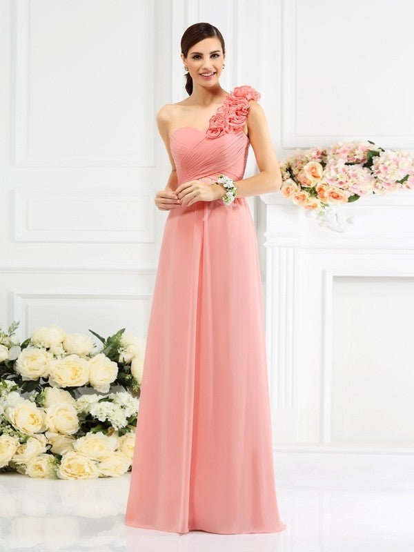 Hand-Made One-Shoulder A-Line/Princess Sleeveless Long Flower Chiffon Bridesmaid Dresses