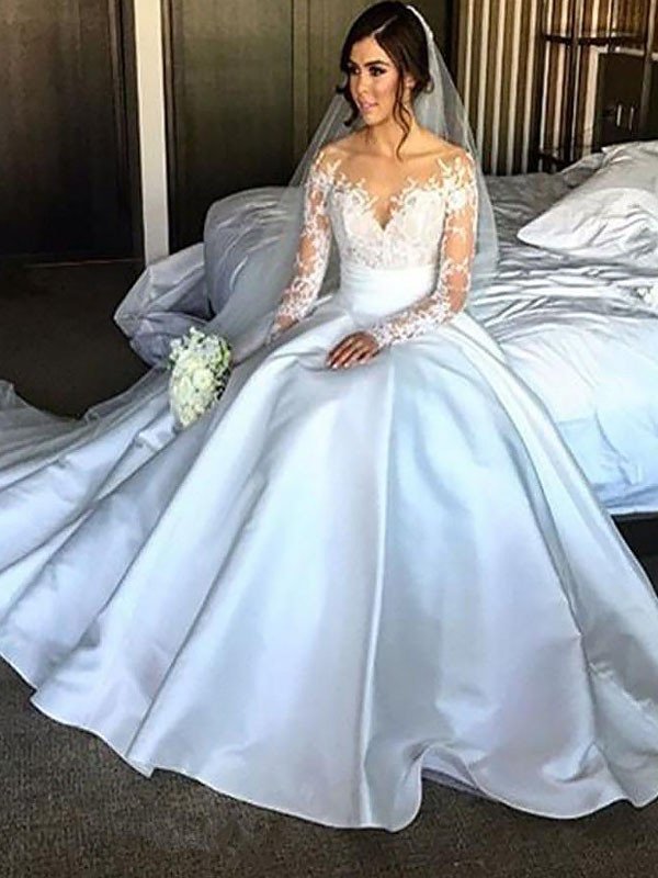 Sleeves Ball Satin Gown Court Long Train Wedding Dresses