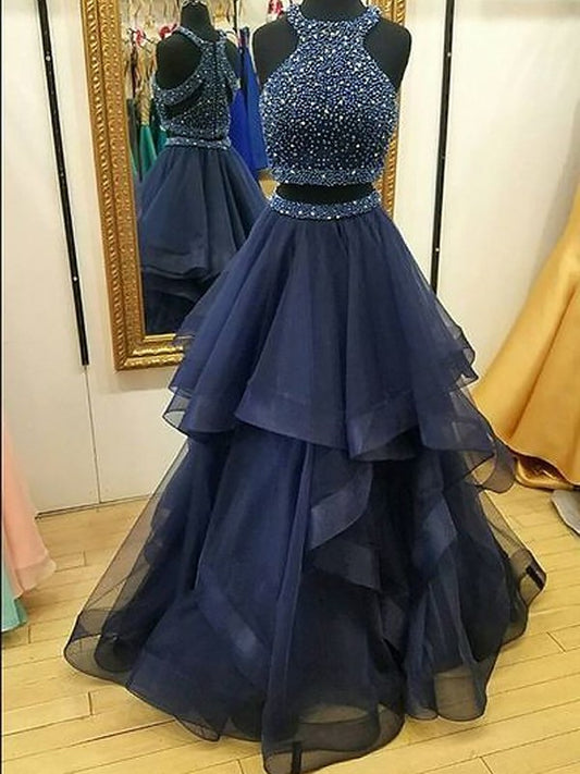 Beading Floor-Length A-Line/Princess Halter Sleeveless Tulle Two Piece Dresses