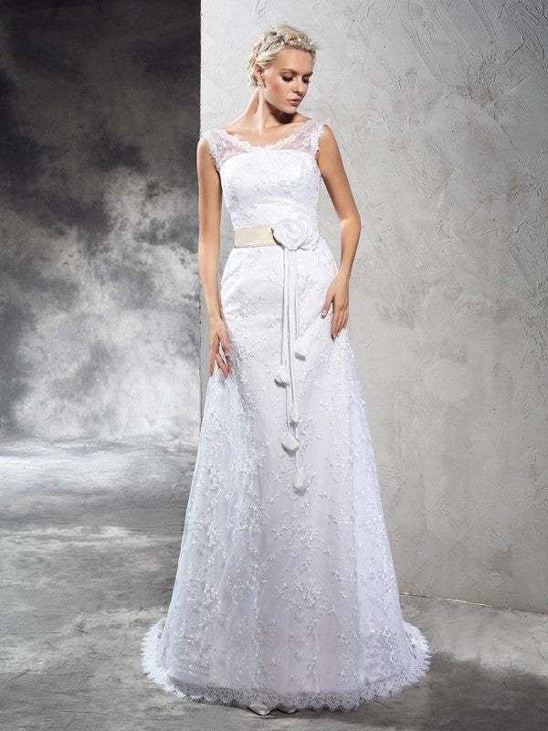 Sleeveless Sheath/Column Neck Long Flower Sheer Hand-Made Satin Wedding Dresses