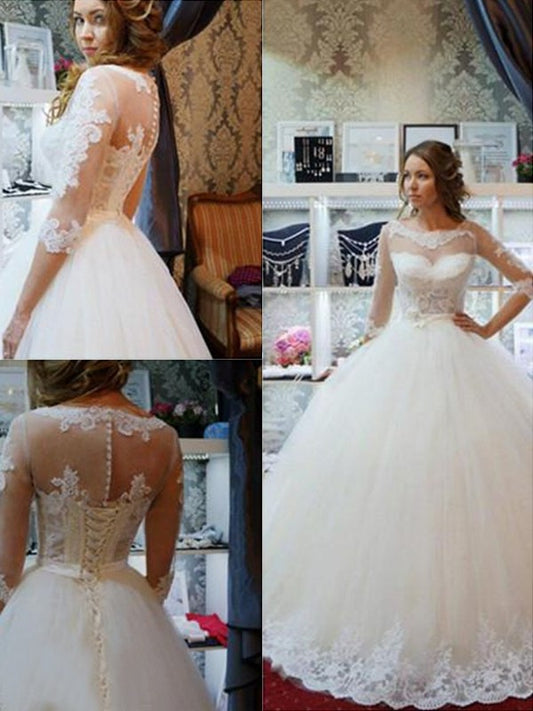 Sleeves Applique Gown Tulle 1/2 Scoop Ball Floor-Length Wedding Dresses