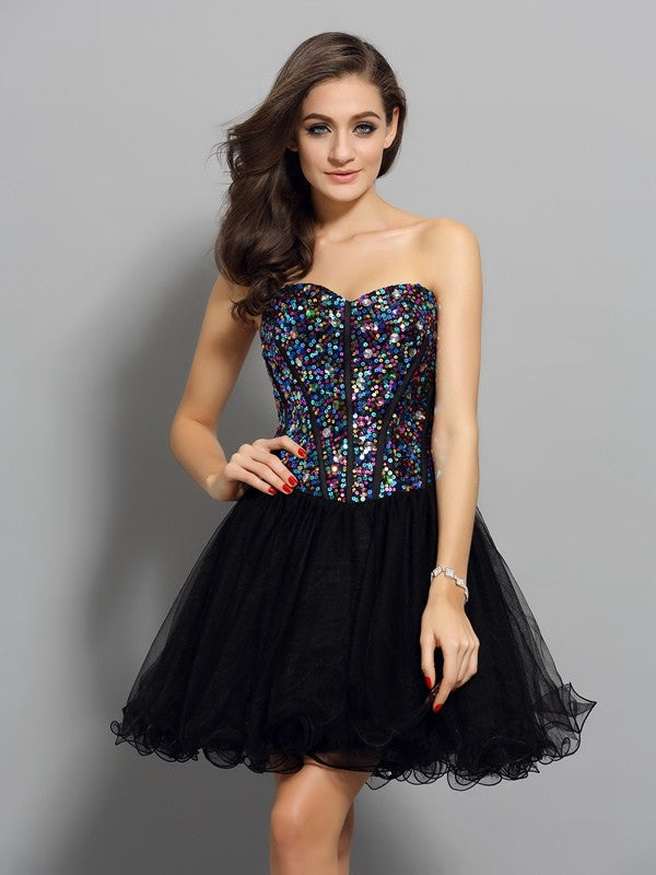 A-Line/Princess Sweetheart Ruffles Sleeveless Homecoming Dresses Short Net Cocktail Dresses Vanessa