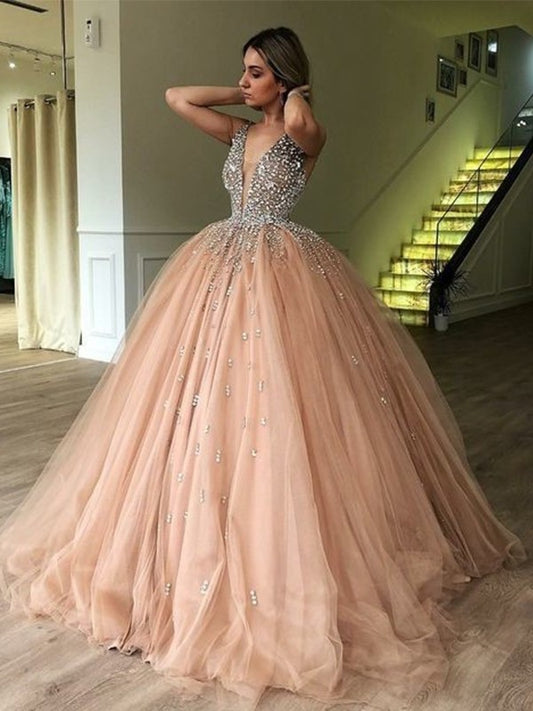 Ball V-neck Gown Floor-Length Sleeveless Beading Tulle Dresses