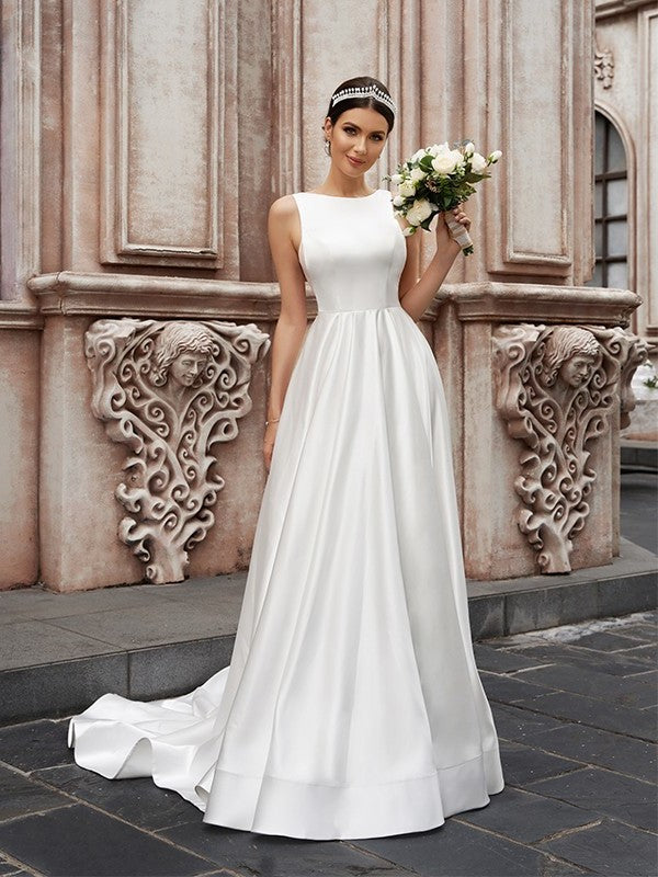 A-Line/Princess Ruffles Sleeveless Satin Scoop Sweep/Brush Train Wedding Dresses