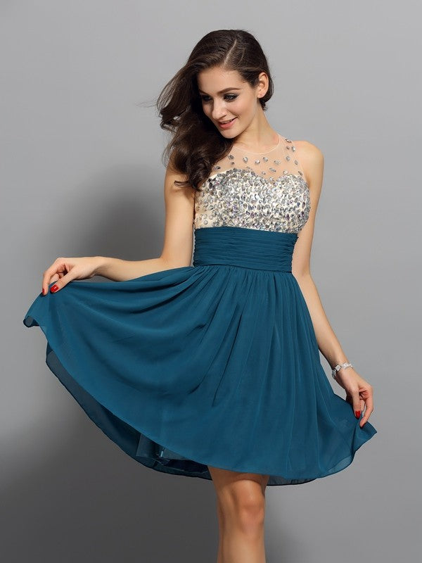 A-Line/Princess Bateau Rhinestone Sleeveless Ansley Short Chiffon Homecoming Dresses Cocktail Dresses