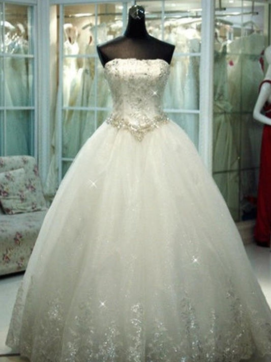 Beading Gown Strapless Ball Sleeveless Tulle Floor-Length Wedding Dresses