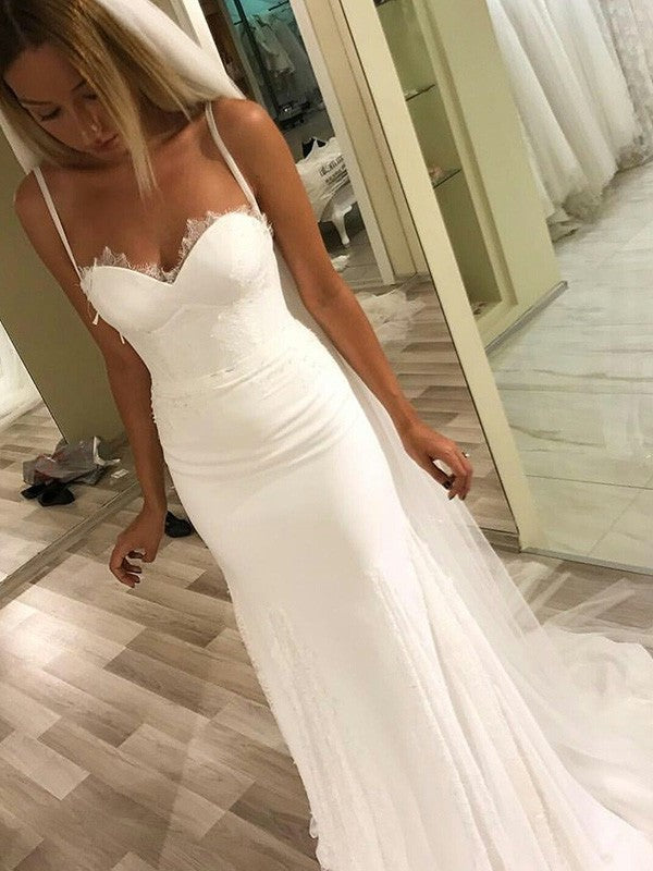 Sheath/Column Sweep/Brush Spaghetti Straps Train Sleeveless Sweetheart Lace Wedding Dresses