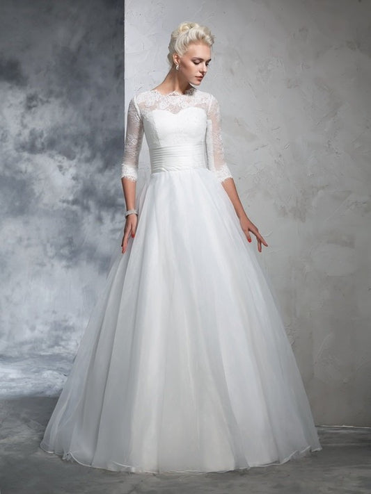 3/4 Long Ball Sleeves Applique Gown Jewel Organza Wedding Dresses