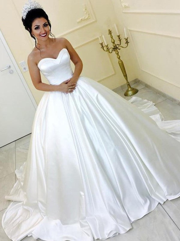 Sweetheart Sash/Ribbon/Belt Ball Satin Sleeveless Gown Cathedral Train Wedding Dresses