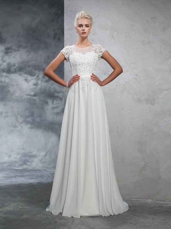 Neck Short Applique A-Line/Princess Long Sheer Sleeves Chiffon Wedding Dresses