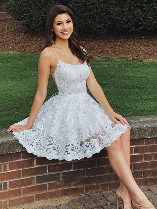 Applique Lace Spaghetti Straps Sleeveless A-Line/Princess Short/Mini Homecoming Dress