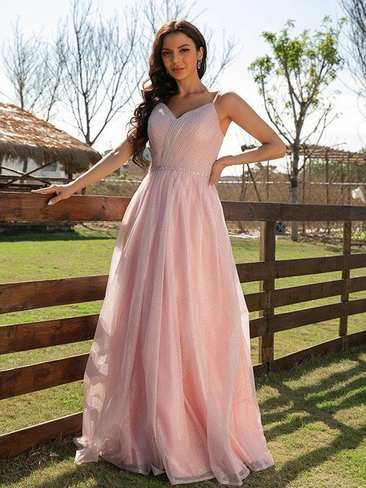 A-Line/Princess V-neck Ruched Sleeveless Floor-Length Dresses