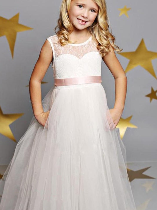 Sash/Ribbon/Belt Scoop A-Line/Princess Floor-Length Tulle Sleeveless Flower Girl Dresses