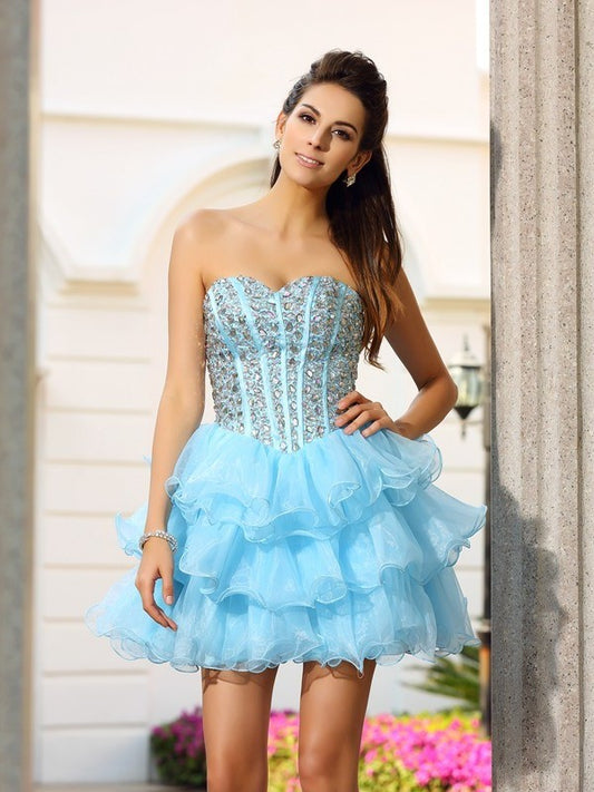 A-Line/Princess Short Sleeveless Beading Sweetheart Organza Cocktail Dresses