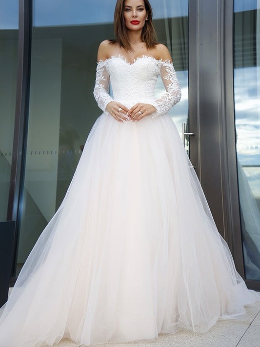 Off-the-Shoulder Sleeves Tulle Applique Long Court A-Line/Princess Train Wedding Dresses