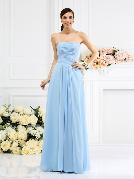 Strapless Sleeveless Pleats A-Line/Princess Long Chiffon Bridesmaid Dresses