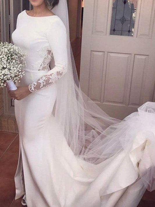 Court Long Lace Train Scoop Sleeves Trumpet/Mermaid Satin Wedding Dresses