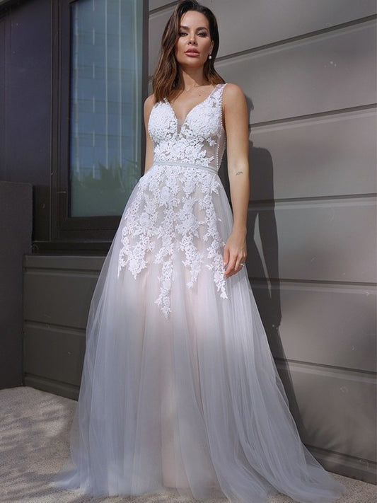 Sweep/Brush Applique Tulle A-Line/Princess V-neck Sleeveless Train Wedding Dresses