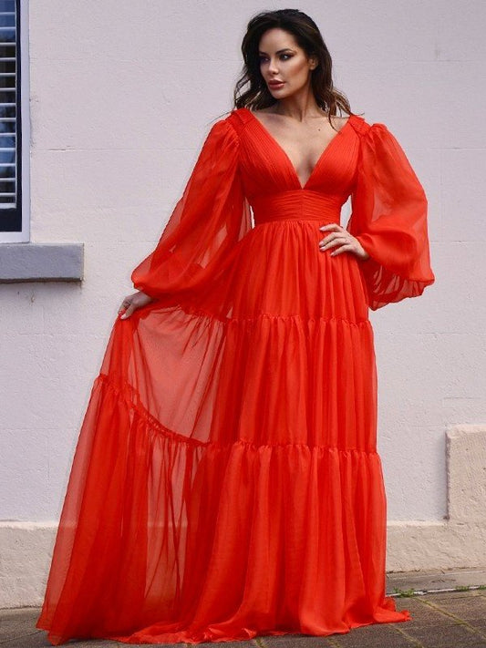 Chiffon Ruffles Sleeves A-Line/Princess Long 3D V-neck Sweep/Brush Train Dresses