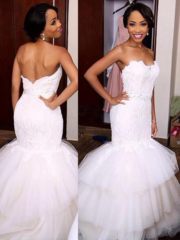 Lace Trumpet/Mermaid Sleeveless Sweetheart Court Train Tulle Wedding Dresses