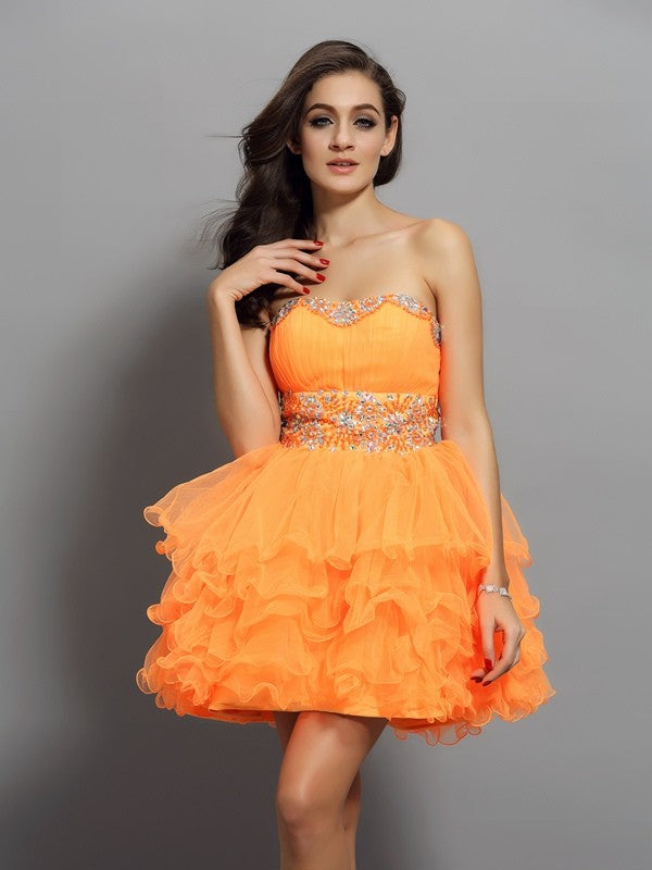 A-Line/Princess Sweetheart Ruffles Sleeveless Abbey Short Satin Homecoming Dresses Cocktail Dresses