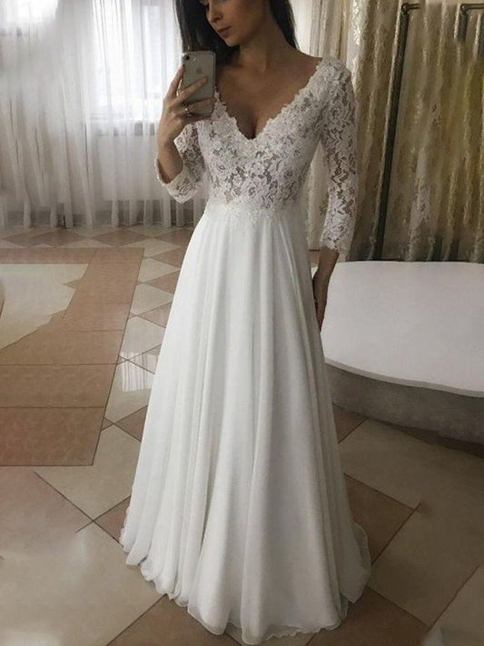 Sleeves V-neck Chiffon Applique A-Line/Princess 3/4 Floor-Length Wedding Dresses