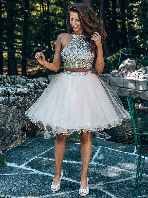 Short/Mini Tulle Scoop Sleeveless Beading Two A-Line/Princess Piece Homecoming Dresses