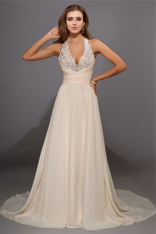 V-neck Sleeveless Sheath/Column Beading Long Chiffon Dresses