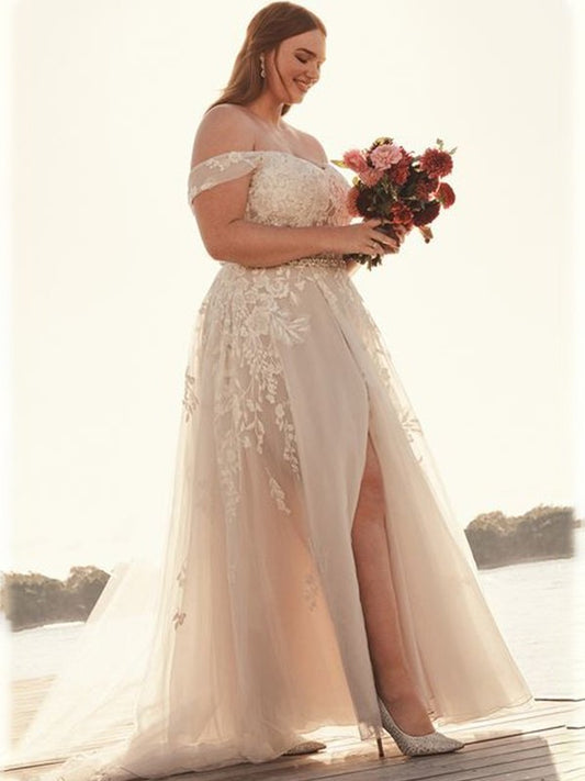 Applique Sweep/Brush Tulle A-Line/Princess Sleeveless Off-the-Shoulder Train Wedding Dresses