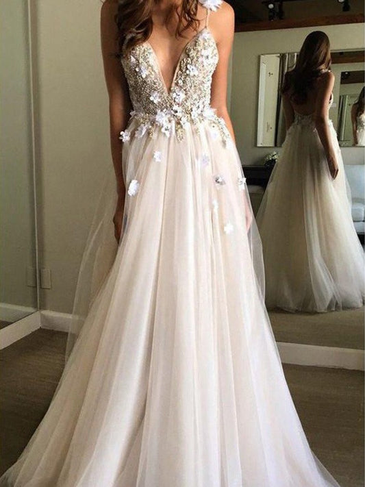 Sleeveless V-neck Beading A-Line/Princess Tulle Floor-Length Wedding Dresses