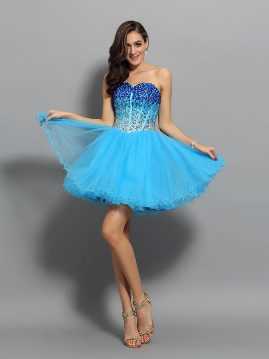 A-Line/Princess Sweetheart Ruffles Sleeveless Short Cocktail Bianca Homecoming Dresses Satin Dresses