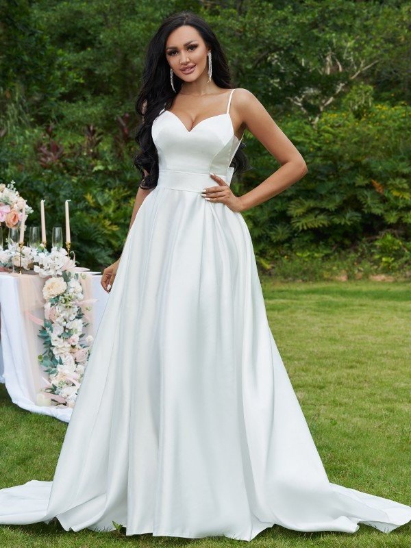 V-neck Satin Sleeveless Sweep/Brush A-Line/Princess Bowknot Train Wedding Dresses